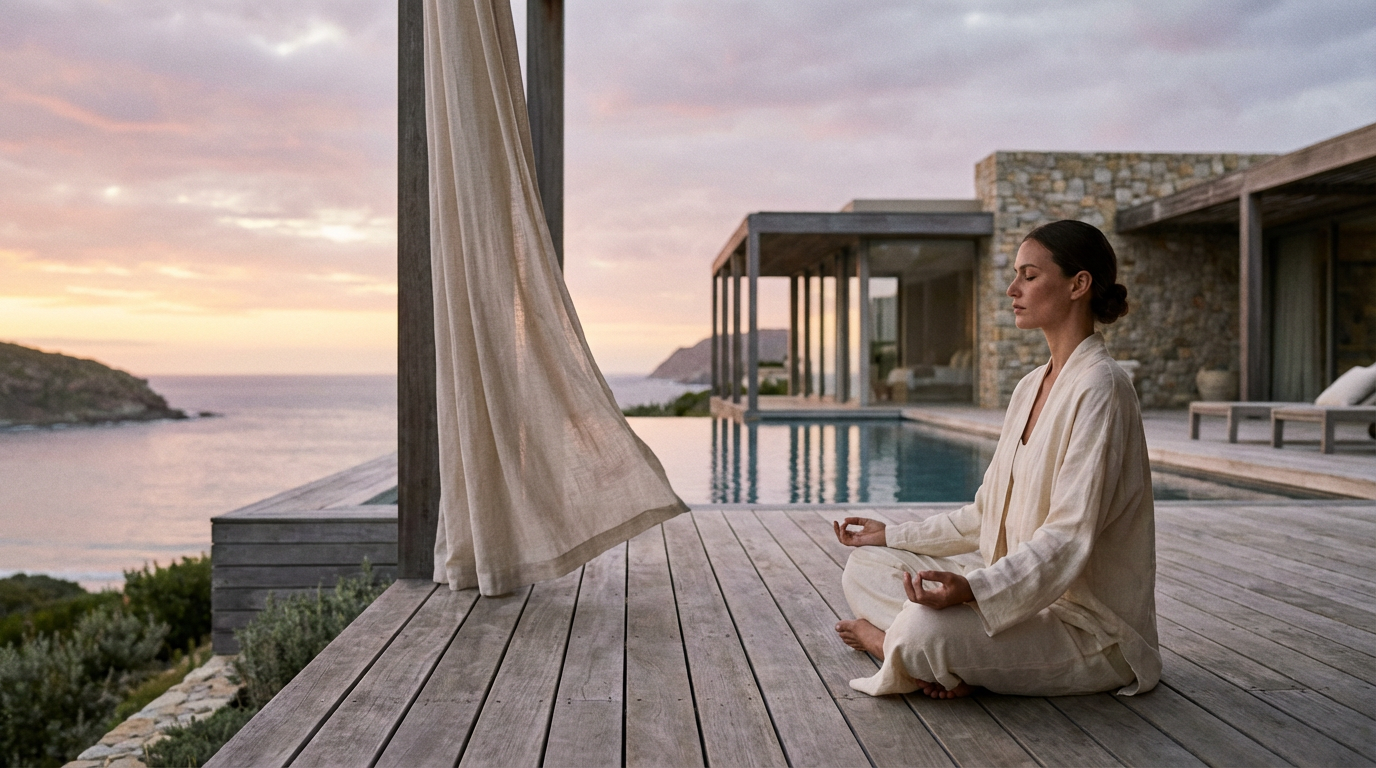 Woman meditating at sunrise near a luxury wellness retreat by the ocean