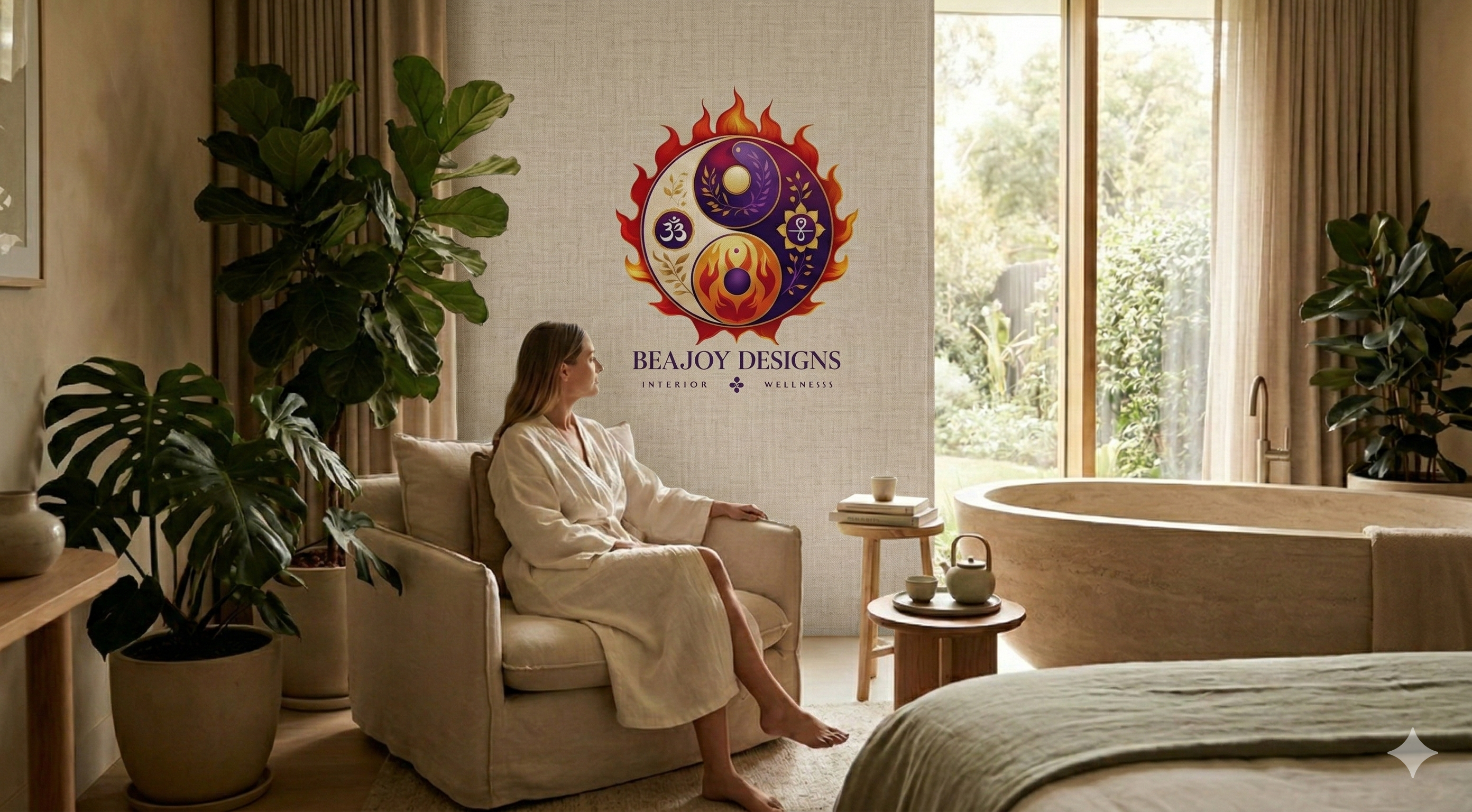 Woman in a calming spa-style retreat suite with biophilic elements